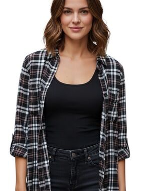 Beach Lunch Lounge Dark Plaid Button Down Shirt Metallic Thread Medium